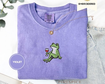 Frog Drinking Wine Embroidered Comfort Colors® T-Shirt, Funny Whimsical Frogcore Cottagecore Shirt – Cute Embroidered Frog Shirt