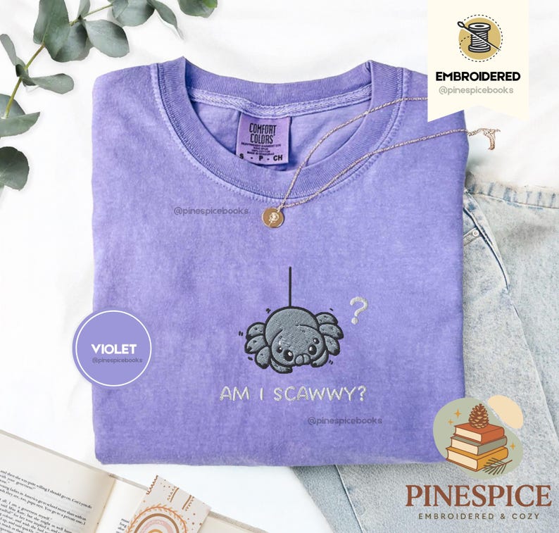 Am I Scawwy T-Shirt, Cute Spider Embroidered Tee, Comfort Colors Funny Wholesome Halloween Shirt image 18