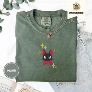 Jiji Anime Cat Embroidered Tee – Comfort Colors® Kawaii Cozy Shirt, Studio-Inspired Witchy Cat Gift, Cute Magical Familiar Tee