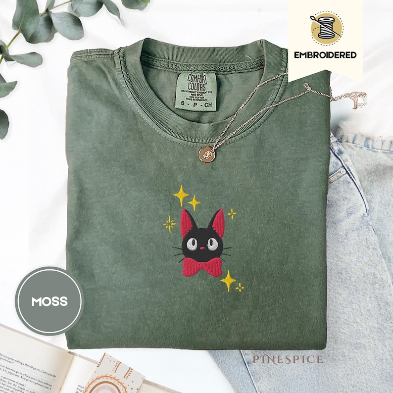 Jiji Anime Cat Embroidered Tee – Comfort Colors® Kawaii Cozy Shirt, Studio-Inspired Witchy Cat Gift, Cute Magical Familiar Tee