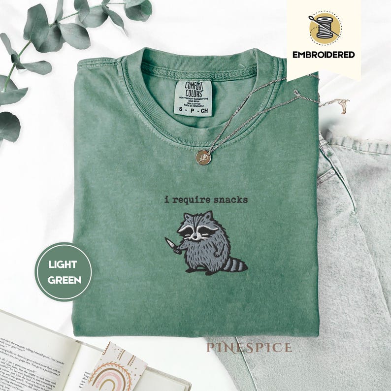 I Require Snacks Embroidered Raccoon Tee – Funny Comfort Colors® Shirt, Goblincore Animal Lover Gift, Cozy Snack Gremlin Tee