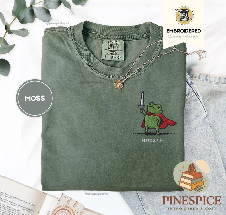 Huzzah Frog with Sword Tee, Embroidered Medieval Frog Shirt, Comfort Colors 1717, Funny DnD T-Shirt, Renaissance Faire Frog Gift