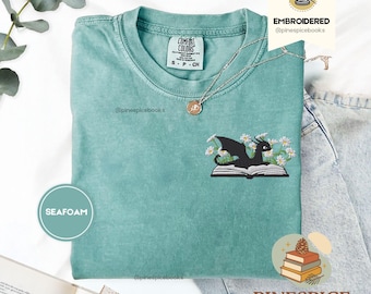 Dragon and Daisies T-Shirt, Cute Fantasy Reader Embroidered Tee, Comfort Colors 1717