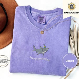 Overstimulated Party Hat Shark Embroidered Comfort Colors® Tee – Funny Weirdcore Summer Shirt, Neurodivergent Shark Shirt, Ocean Vibes Tee