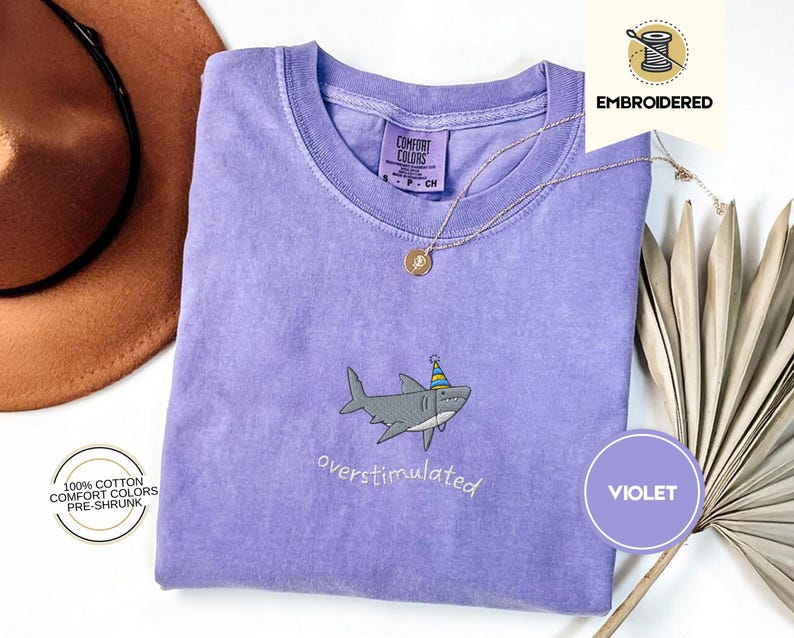Overstimulated Party Hat Shark Embroidered Comfort Colors® Tee – Funny Weirdcore Summer Shirt, Neurodivergent Shark Shirt, Ocean Vibes Tee