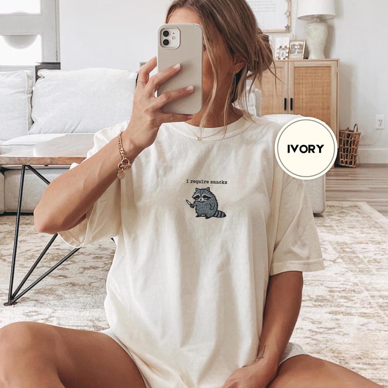 I Require Snacks Embroidered Raccoon Tee – Funny Comfort Colors® Shirt, Goblincore Animal Lover Gift, Cozy Snack Gremlin Tee