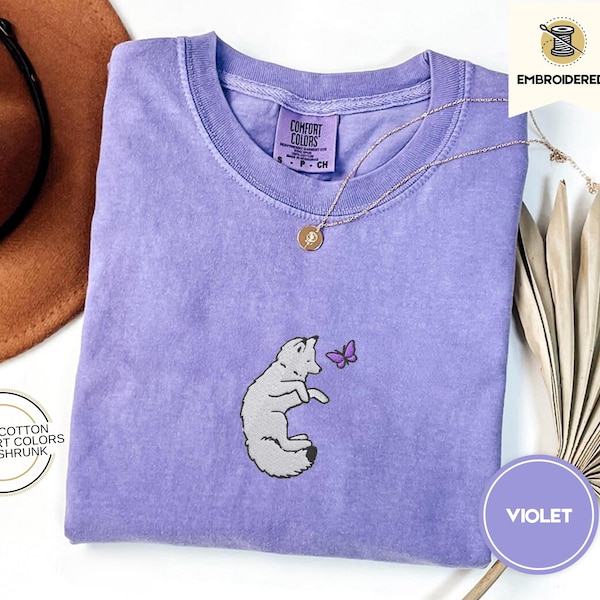 Embroidered Snow Fox Onyx Quicksilver Book Comfort Colors Tee, Fae and Alchemy Little Osha Kingfisher Shirt, Cozy Cute Tee