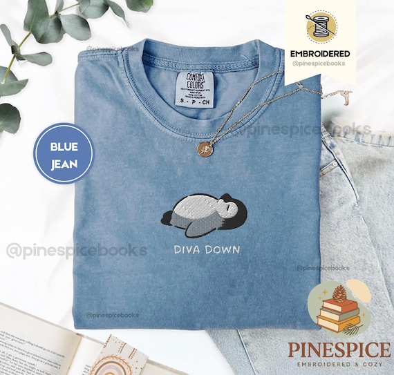 Diva Down Penguin T-Shirt, Funny Penguin Embroidered Tee, Cute Animal Shirt, Comfort Colors T-Shirt