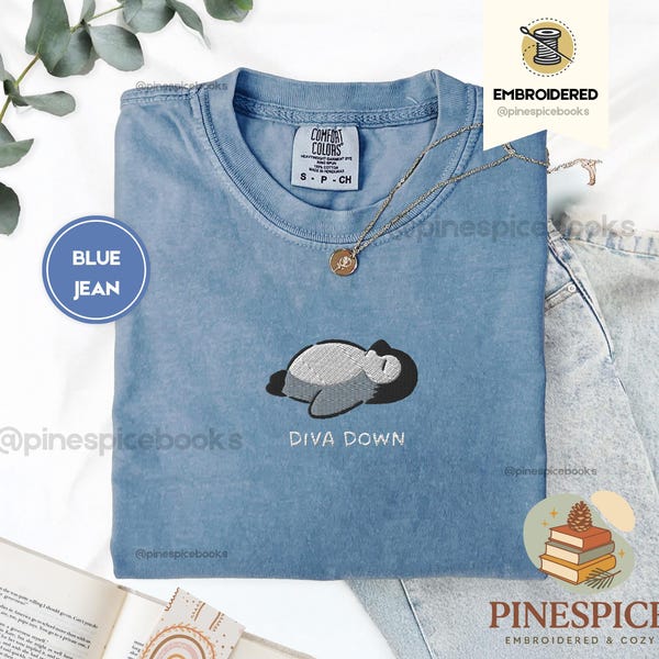 Diva Down Penguin T-Shirt, Funny Penguin Embroidered Tee, Cute Animal Shirt, Comfort Colors T-Shirt
