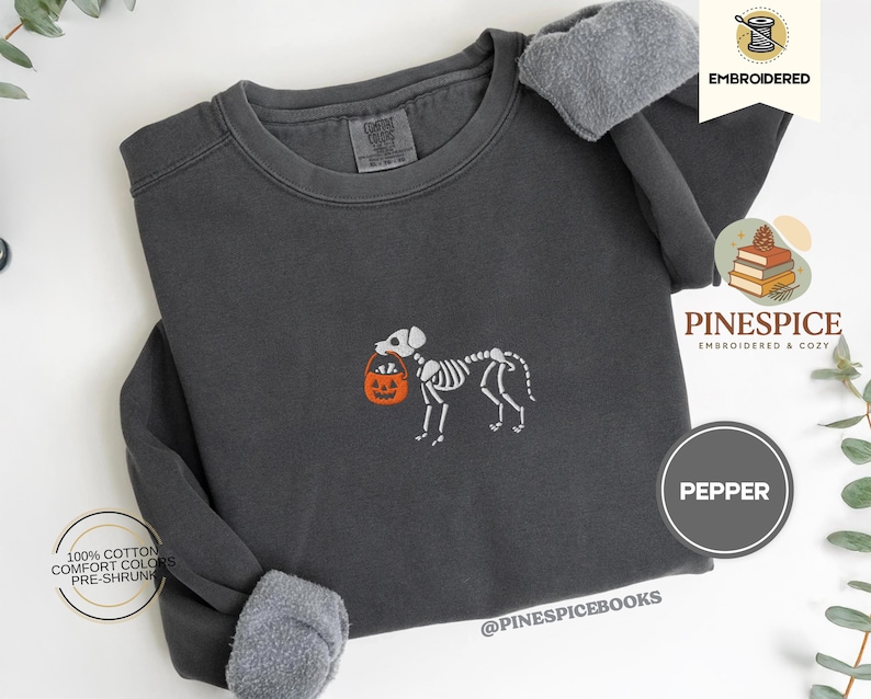 Skeleton Dog Trick or Treat Sweatshirt, Embroidered Halloween Dog Shirt, Comfort Colors 1566, Cozy Fall Pullover, Spooky Pet Lover Gift, Boo