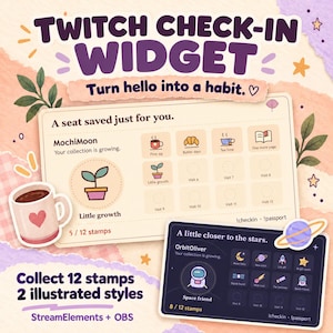 Könnte beinhalten: Ein digitales Twitch-Check-in-Widget-Grafikdesign mit zwei illustrierten Stilen: eine helle Karte mit Pflanzenthema und eine dunkle Karte mit Weltraumthema. Beide Karten zeigen Stempelsammlungen, Textbeschriftungen und Symbole zur Nachverfolgung.
