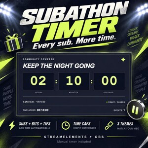 Subathon Timer for Twitch: StreamElements Gift Subs, Bits, Tips (3 Themes)