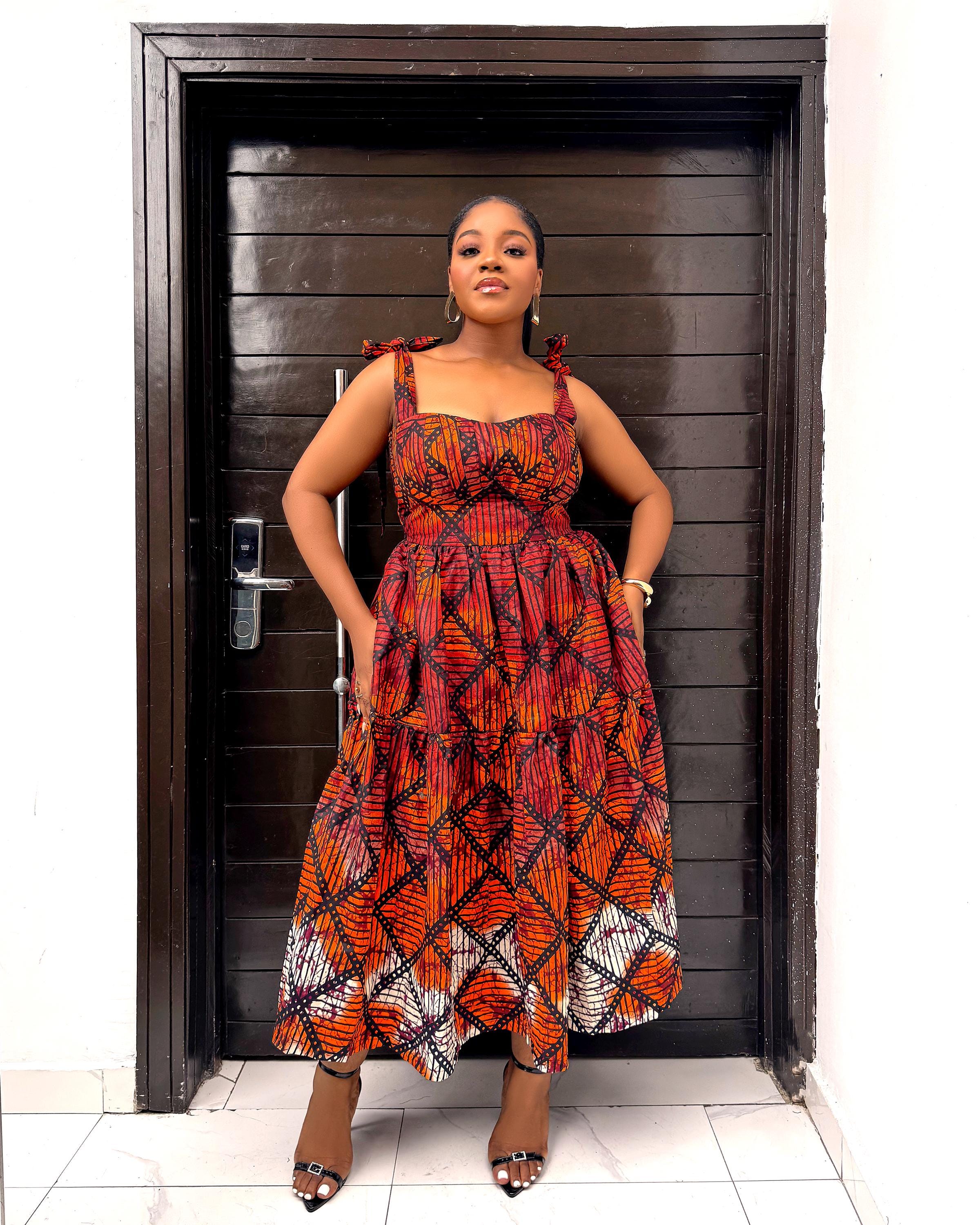 ankara fitting dresses Blue African Ankara Clothing Midi Dress Style For Plus Size Women –  Africanclothinghub main image 1