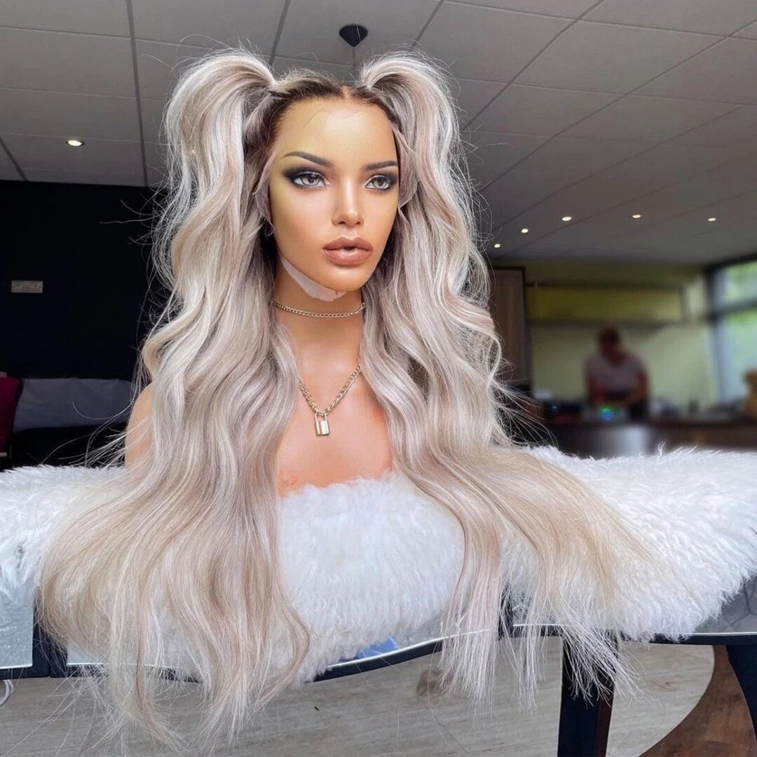 Luxury European Hair Wig Platinum Blonde With Ashy Lowlights Balayage