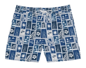 Short de bain mi-long pour homme à motifs bleus Maillot de bain pour homme avec cordon de serrage Ananas à motifs bleus palmiers