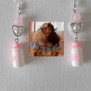 Melanie Martinez Crybaby Milk Bottle Silver Earrings K-12 Aesthetic Pink Heart Charms Handmade