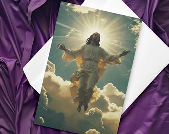 May include: A painting depicting a man with outstretched arms, ascending into a bright, white light. He is surrounded by clouds and a blue sky. The light is radiating from behind him, creating a halo effect.