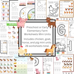 Förskolebondgård Mini-enheter Arbetsblad Bokstavsrepning Get Gris Häst Kyckling Färglägg efter nummer Matchande Matematik Arbetsblad Förskoleläroplan