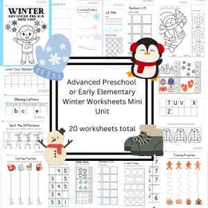 Estudio de unidad Pre K-2 Hojas de trabajo de invierno Descarga digital Libro de actividades Números faltantes del 1 al 10 Trazado de números Colorear Contar Cortar Hojas de práctica