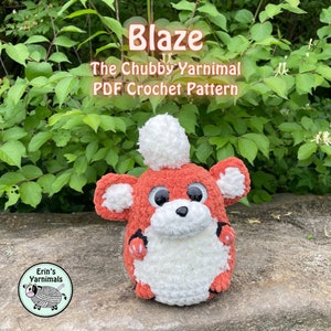 May include: A crocheted plush toy named "Blaze" in the shape of a red and white hamster. The toy is sitting on a rock with green foliage in the background. The text "Blaze The Chubby Yarnimal PDF Crochet Pattern" is above the toy.