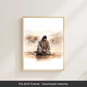 Jesus Praying in the Garden of Gethsemane Christian Watercolor Art, LDS Printable Picture of Christ, Easter Bible Wall Art Painting