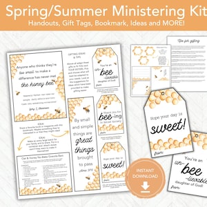 Folletos y etiquetas de regalo para la ministración de la Sociedad de Socorro de primavera o verano, ideas para obsequios de las hermanas ministrantes SUD para imprimir con forma de abeja, idea fácil para un obsequio
