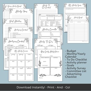 May include: A printable set of black and white planner pages for a school or community activity. The pages include a budget, monthly/yearly calendar, to-do checklist, activity planner, goals, activity survey, committee list, and advertising checklist. The pages are decorated with floral illustrations.