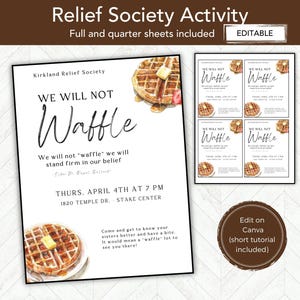 We Will not Waffle LDS Relief Society Activity, EDITABLE RS Activities Invitation Flier Template, Young Womens,  Stake or Ward Activity Idea
