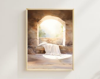 Er ist auferstanden Druck, druckbare christliche Wandkunst, leeres Grab christliches Kunstwerk, Jesus Kunst Auferstehung Kunst, Jesus Malerei Auferstehung Szene