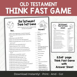 Peut inclure: Un jeu imprimable « Think Fast » sur l'Ancien Testament avec une feuille de réponses. Le jeu comprend des questions sur l'Ancien Testament, avec un globe et un graphique de montagne. Le texte dit « Téléchargez instantanément ! - Imprimez - Et - Go ! »