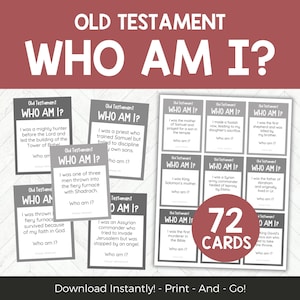 May include: A set of 72 printable cards for an Old Testament Bible game called "Who Am I?" The cards are white with black text and feature a gray background. The cards are arranged in a grid with the text "Old Testament Who Am I?" at the top of each card. The text on the cards includes clues about different Old Testament figures.