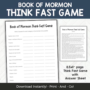 Book of Mormon Think Fast Game, LDS Printable Youth Group Activity, Seminary or Primary Game, Scripture Trivia PDF with Answer Sheet