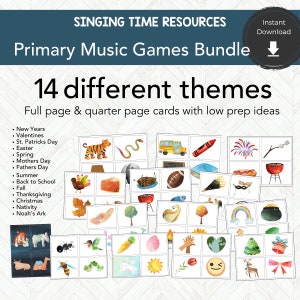 May include: A printable set of 14 different themed music games for primary school children. The games feature colorful illustrations of various themes, including New Years, Valentines, St. Patricks Day, Easter, Spring, Mothers Day, Fathers Day, Summer, Back to School, Fall, Thanksgiving, Christmas, Nativity, and Noah's Ark.