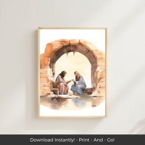 Christus met vrouw bij de put print, Johannes 4:4-26, christelijke muurkunst afdrukbaar, moderne Jezus Art Print, Jezus Christus aquarel artwork
