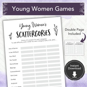 LDS Young Women  Activity,  Easy LDS Printable Game Idea, Church of Jesus Christ Youth, YW Girls Camp Game, Scattergories Word Game