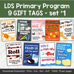 Puede incluir: Nueve etiquetas de regalo coloridas con varios diseños y textos relacionados con el programa de Primaria de la Iglesia de Jesucristo de los Santos de los Últimos Días. Las etiquetas presentan imágenes de peces, notas musicales, donas y papas fritas. El texto en las etiquetas incluye frases como "¡Realmente hiciste que el programa de Primaria fuera increíble!" y "¡Iluminaste el programa de Primaria!"