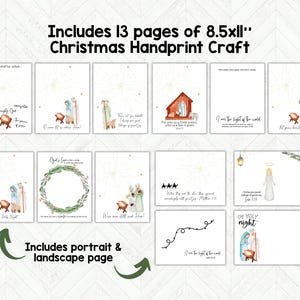 Op de afbeelding: Een verzameling van 13 kerst handafdruk knutselpagina's, elk met aquarel illustraties van kerststallen, sterren en religieuze citaten. De tekst bevat "Includes 13 pages of 8.5x11" Christmas Handprint Craft".