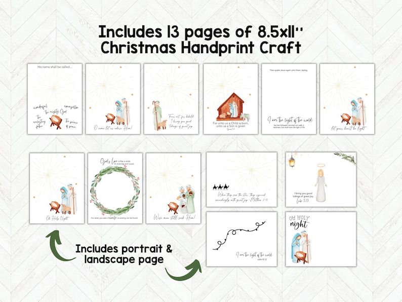 Op de afbeelding: Een verzameling van 13 kerst handafdruk knutselpagina's, elk met aquarel illustraties van kerststallen, sterren en religieuze citaten. De tekst bevat "Includes 13 pages of 8.5x11" Christmas Handprint Craft".
