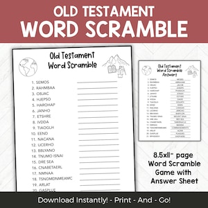 May include: A printable Old Testament Word Scramble game with an answer sheet. The game includes a list of scrambled words and a corresponding answer key. The design features the text "Old Testament Word Scramble" and illustrations of a globe and mountains.