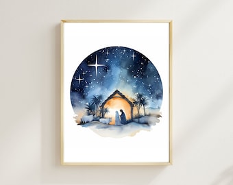 Aquarel kerststalkunst, moderne christelijke kunst Kerstmis, baby Jezus schilderij, bijbel moderne christelijke kunstwerken kerststal schilderij afdrukbaar