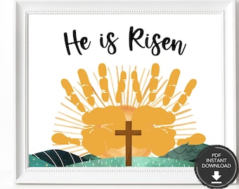 He is Risen Easter Children's Bible Handprint Craft, Scripture Handprint Art, Christian Easter Craft for Kids, Bible Craft, Bible Activity