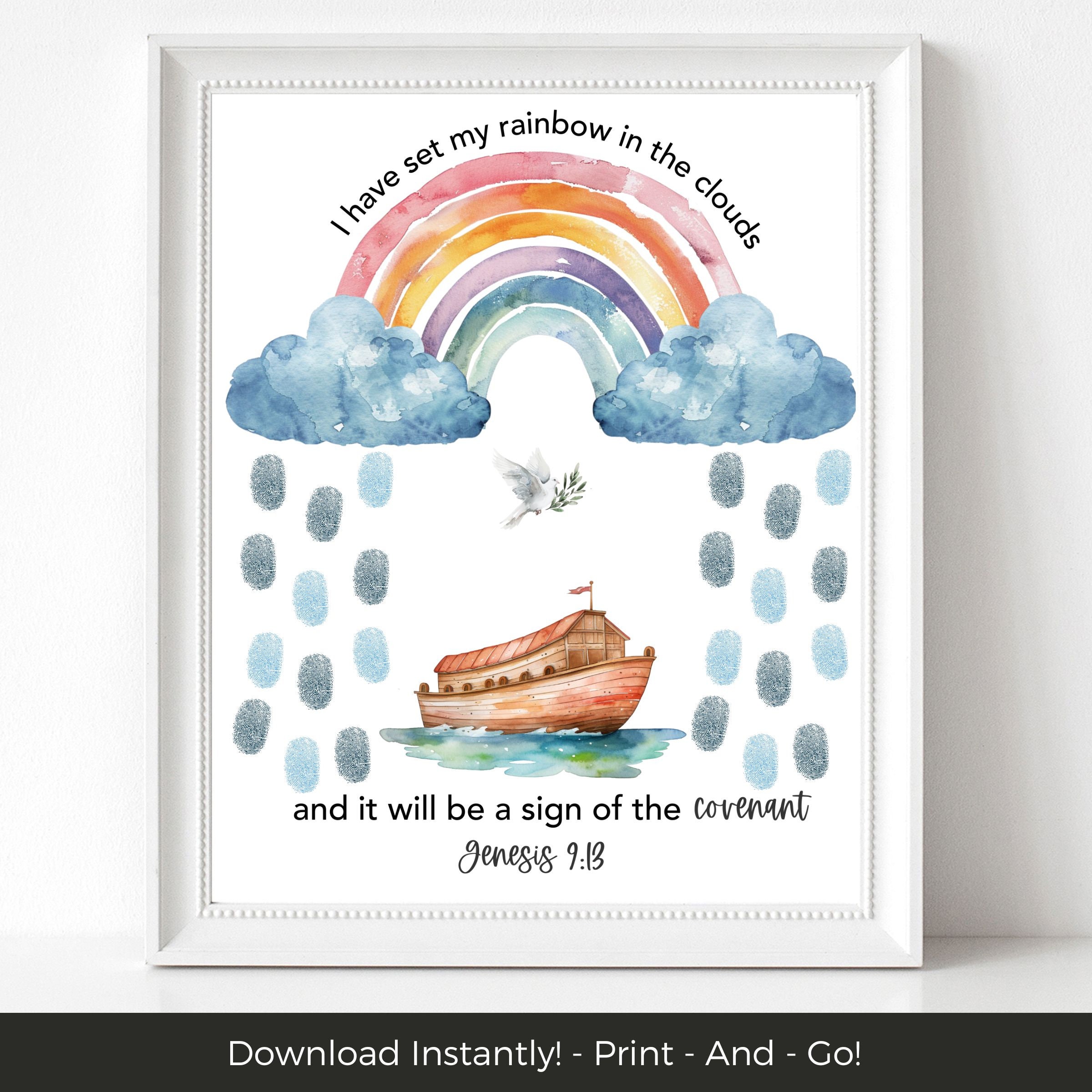 Noah's Ark Printable Bible Verse Craft, Fingerprint Art, Christian Preschool Activity, Sunday School Scripture Children's Bible Activities