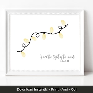 May include: A white framed print with a black and white illustration of a string of lights with the text "I am the light of the world: John 8:12".