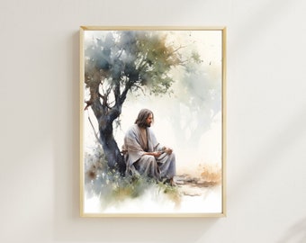 Aquarelle chrétienne de Jésus dans le jardin de Gethsémani, image imprimable LDS du Christ, art mural biblique de Pâques, peinture chrétienne