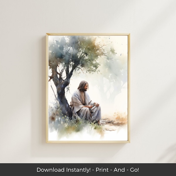 Jesus in the Garden of Gethsemane Christian Watercolor Art, LDS Printable Picture of Christ, Easter Bible Wall Art, Christian Painting