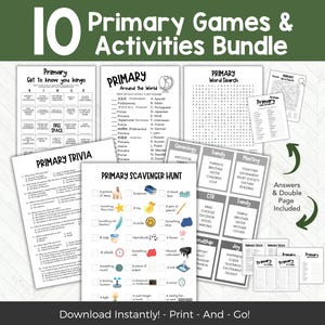 May include: A bundle of 10 primary games and activities, including bingo, word search, trivia, and a scavenger hunt. The bundle includes answer keys and is designed for instant download and printing. The title text reads "10 Primary Games & Activities Bundle."