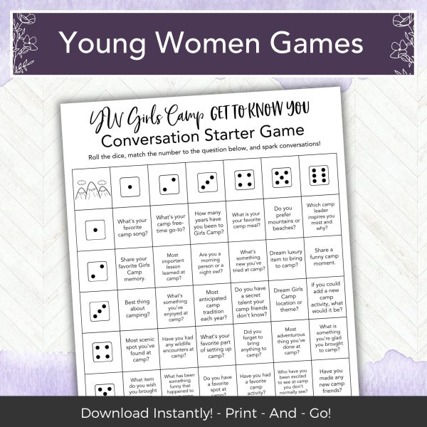 LDS Young Women Girls Camp Activity,  Easy LDS Printable Game Idea, Church of Jesus Christ Youth, YW  Game, Get to Know You Game Icebreaker