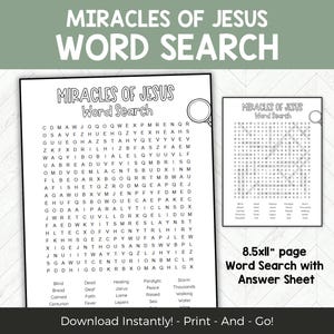 Miracles of Jesus New Testament Bible Word Search, Bible Games, Sunday School Church Games, Youth Group Bible Study Printable Activity