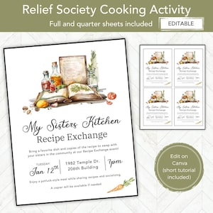 May include: A printable recipe exchange invitation with watercolor illustrations of cooking ingredients. The invitation includes the text "My Sisters Kitchen Recipe Exchange" and event details for January 12th.