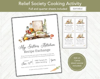 May include: A printable recipe exchange invitation with watercolor illustrations of cooking ingredients. The invitation includes the text "My Sisters Kitchen Recipe Exchange" and event details for January 12th.